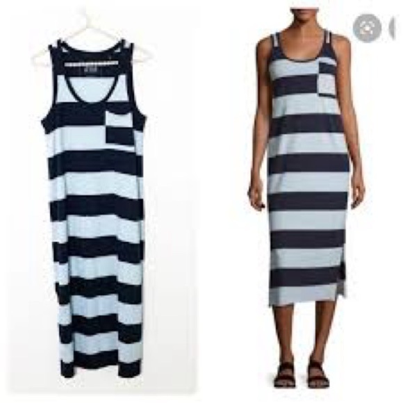 ATM Anthony Thomas Melillo Maxi Dress Blue Striped Side Slit Pocket (D5) - Picture 1 of 4